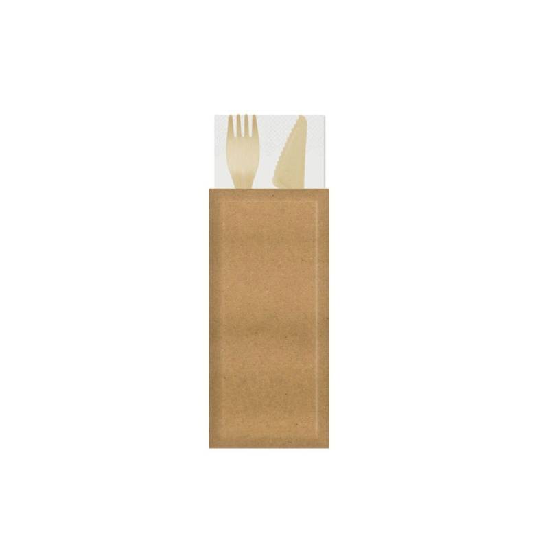 Wooden cutlery set with white biodegradable napkin 33x33 cm