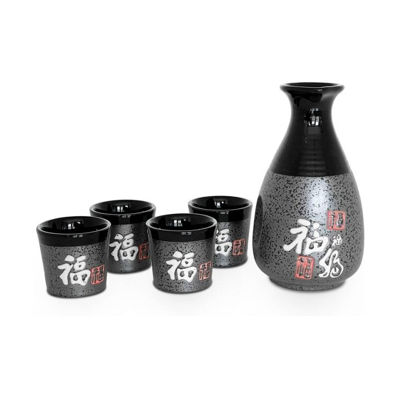 Fu schwarzes Porzellan Sake Krug und 4 kleine Gläser Set