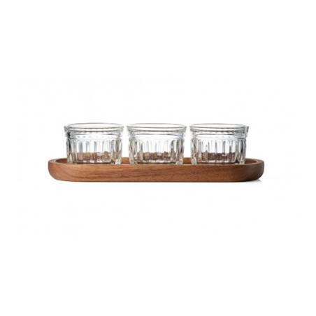 Set von 3 Delice Glasbecher cl 10 mit Holztablett cm 25x9