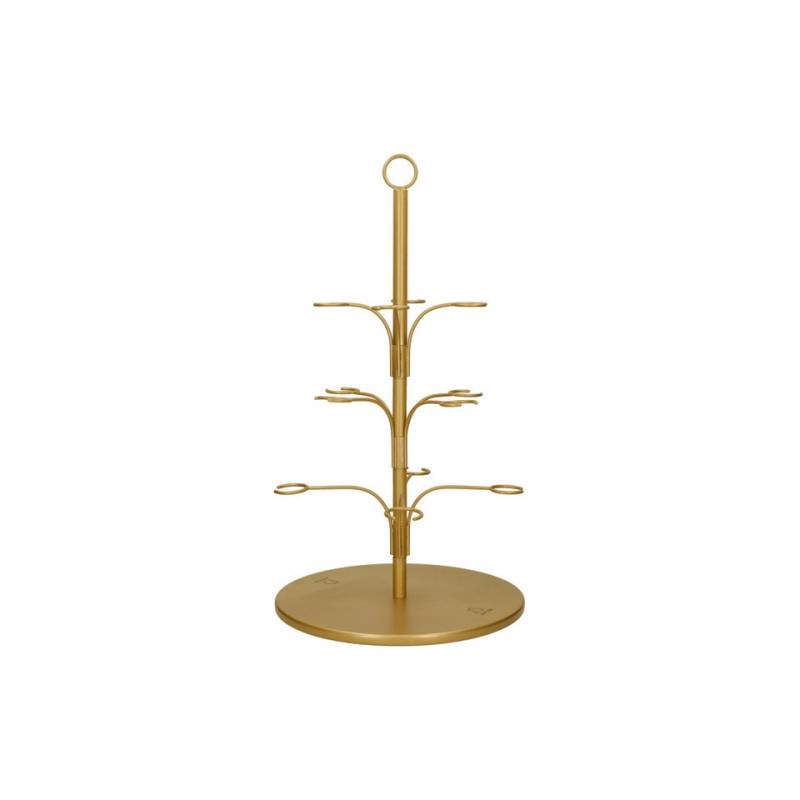 Tree stand holds 12 gold metal goblets