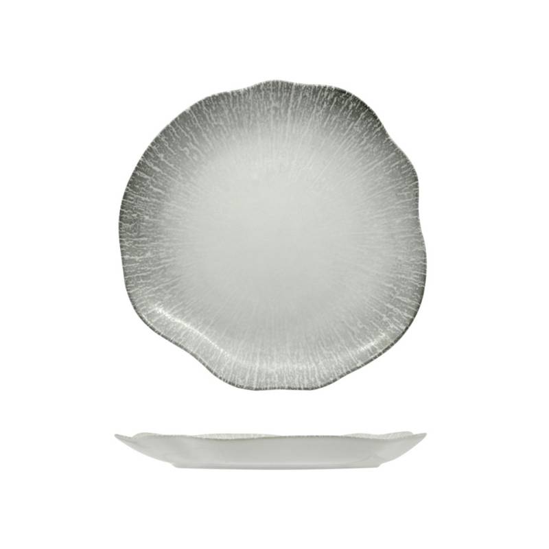 Flacher Teller Organic Radius aus weiß und grau dekoriertem Porzellan 28 cm