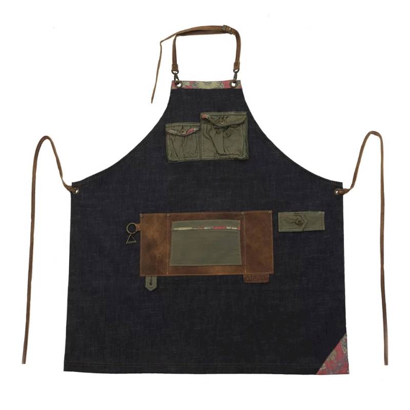 Schürze mit Latz und Tasche Moretta in Denim und Leder Paspel 82x88 cm