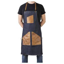 Teal bib apron in denim with pockets and leather ties cm 70x80