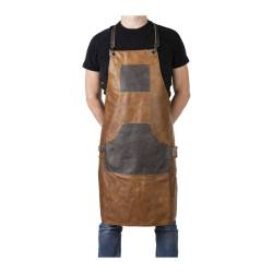 Brown leather dipper bib apron with pocket and ties cm 60x85