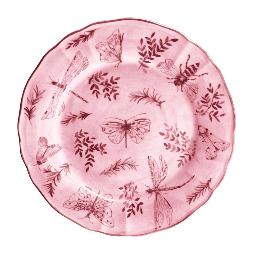 Piatto piano Sonia Pink in porcellana bianca e rosa con decoro farfalle cm 31