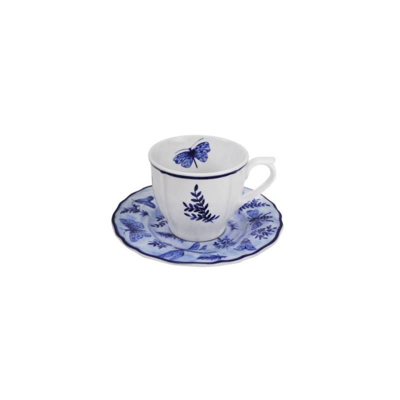 Sonia Blue white and blue porcelain coffee cup with plate with butterfly decoration cl 10