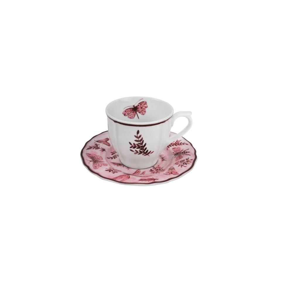 Tazza caffè con piatto Sonia Pink in porcellana bianca e rosa con decoro farfalle cl 10