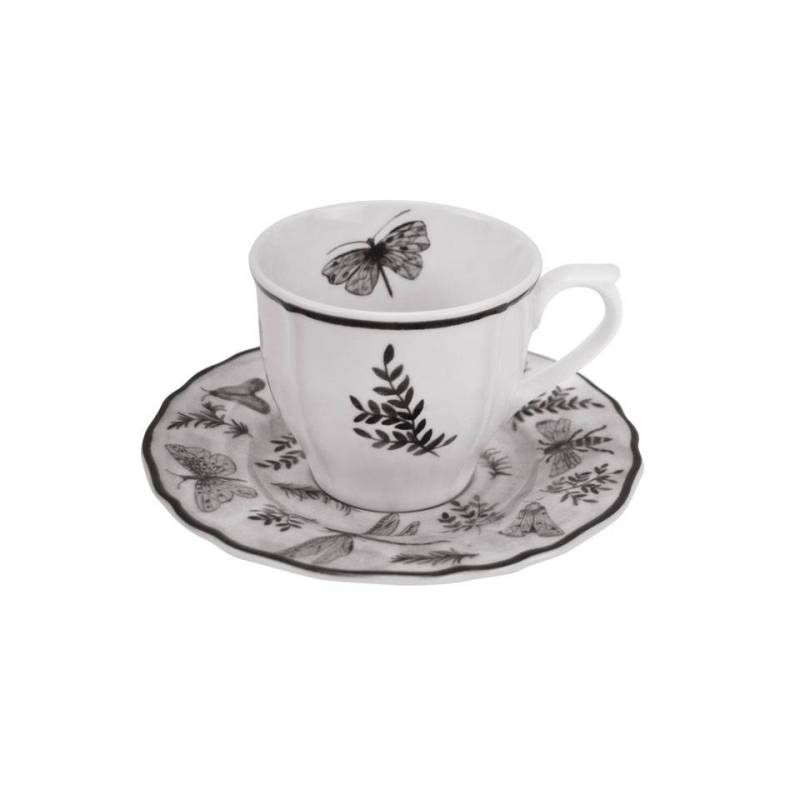 Tazza tè con piatto Sonia Black in porcellana bianca e nera con decoro farfalle cl 20