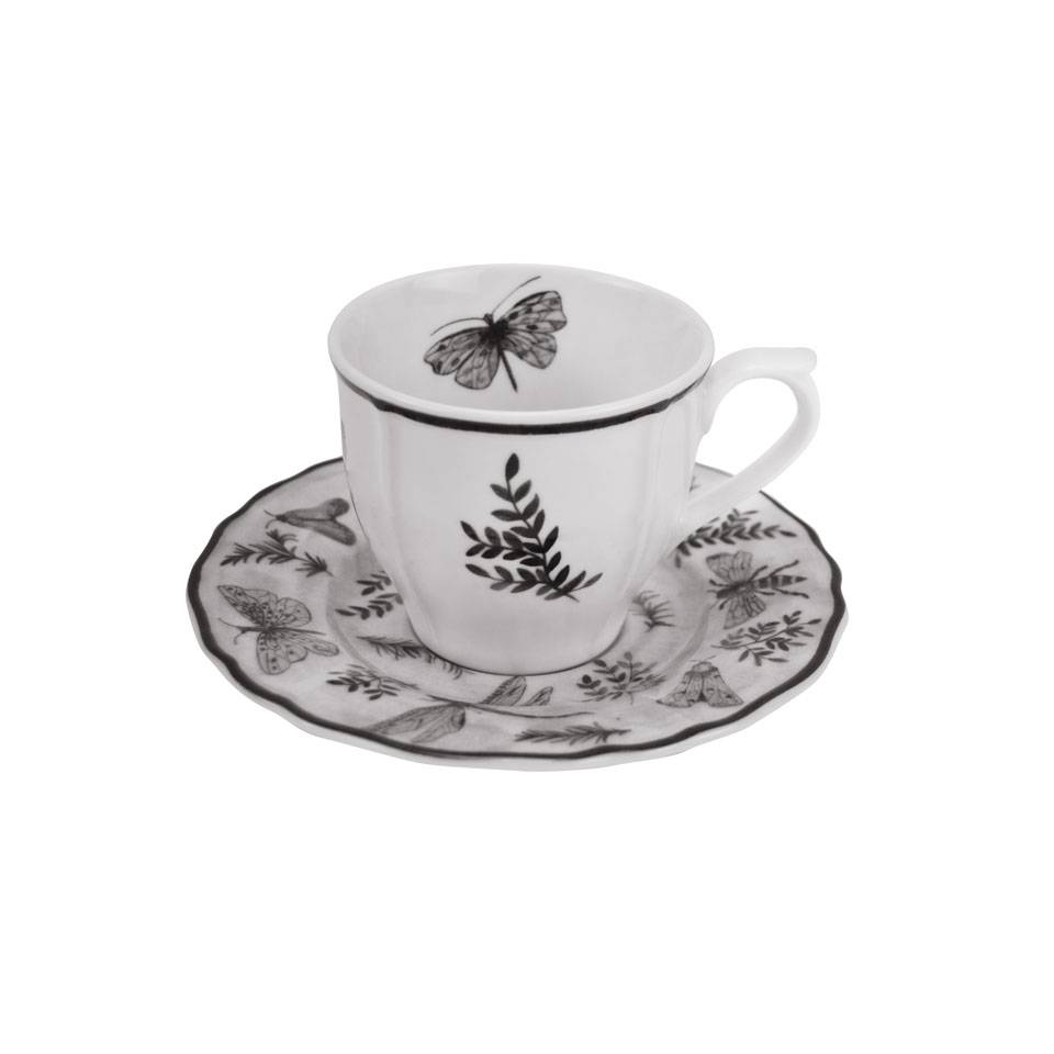 Sonia Black white and black porcelain tea cup with plate with butterfly decoration cl 20