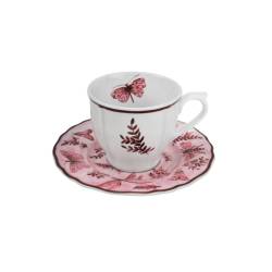 Tazza tè con piatto Sonia Pink in porcellana bianca e rosa con decoro farfalle cl 20