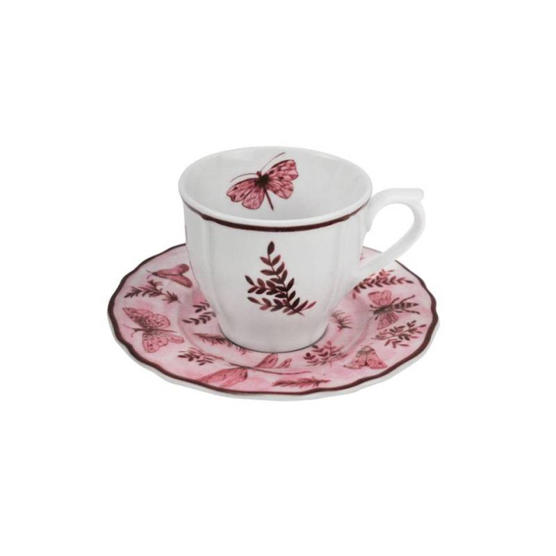 Weiß und rosa Porzellan Teetasse und Teller Sonia Pink mit Schmetterling Dekoration cl 20