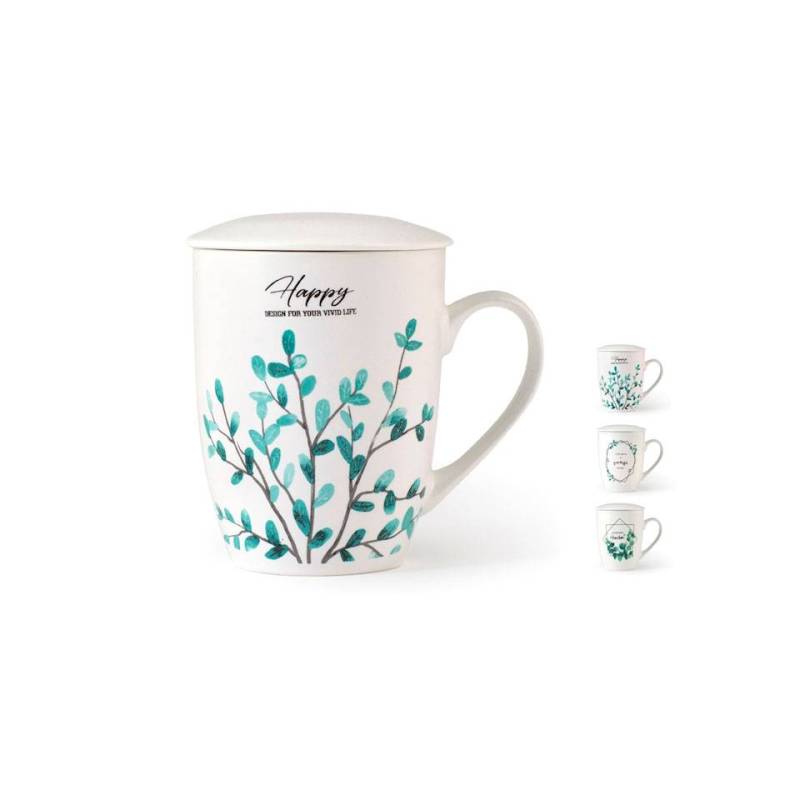 Botanische Kräuterteetasse mit Filter aus Porzellan mit verschiedenen Dekoren cl 35