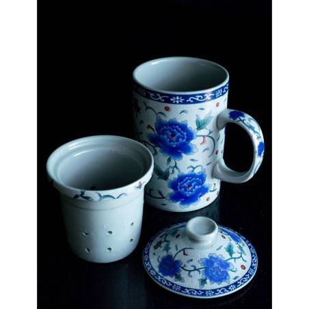 Oriental Flower herbal tea cup with filter and porcelain lid cl 30