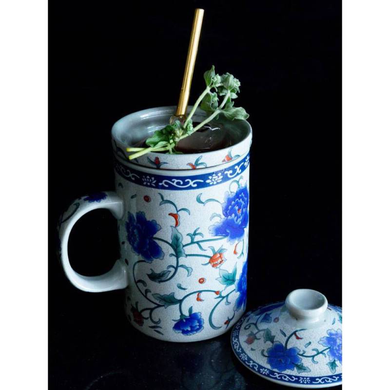 Oriental Flower herbal tea cup with filter and porcelain lid cl 30