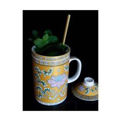 Golden Flower herbal tea cup with filter and porcelain lid cl 30